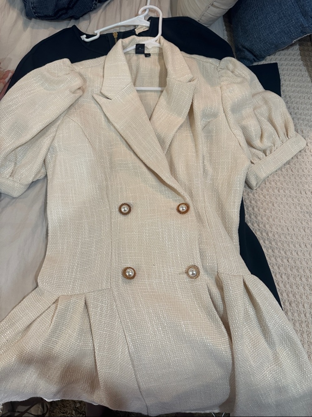 SHEIN Cream Double-Breasted Puff Sleeve Mini Dress